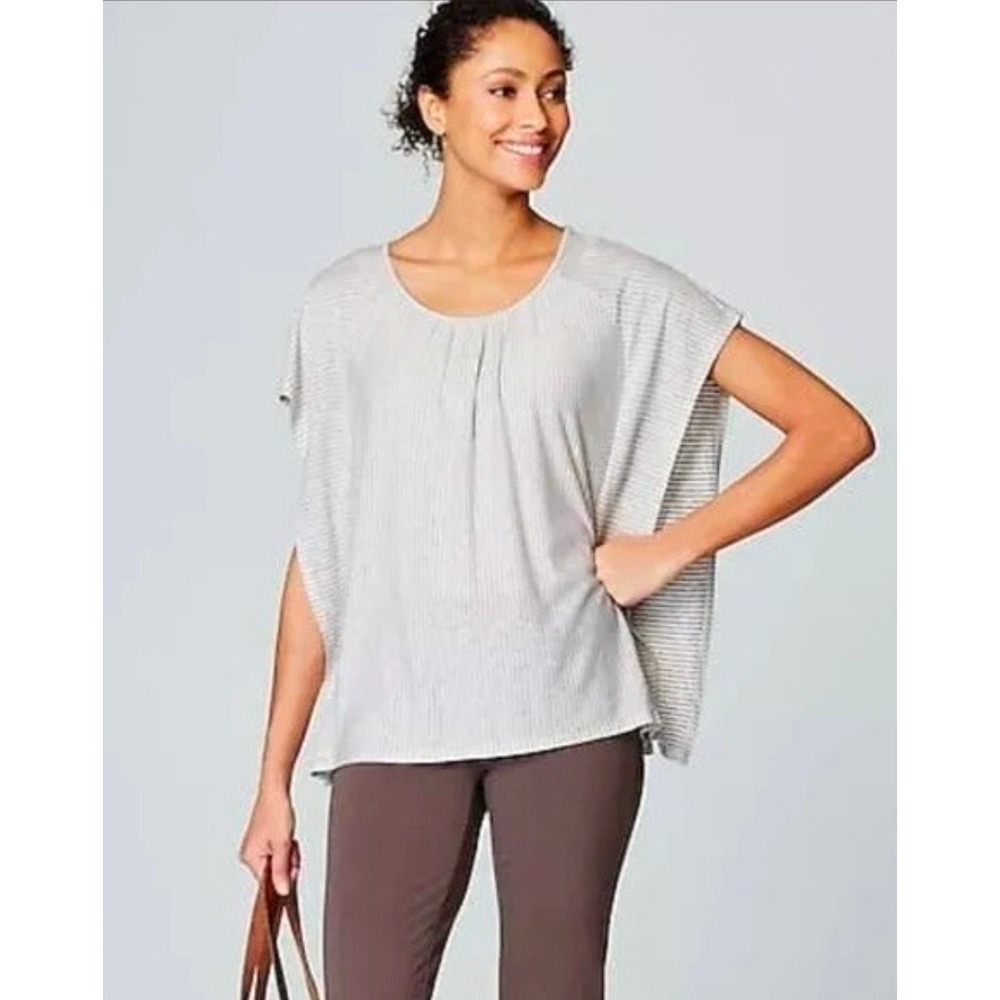 Pure Jill Womens 2X Linen Modal Striped‎ Dolman Sleeve Knit Top Cream Gray